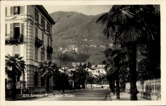 KP Locarno Kanton Ticino Szwajcaria, widok na Viale delle Palme, palmy, góry, architektura