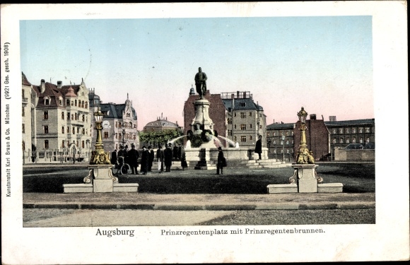 Verlichte raamkaart Augsburg in Zwaben, Prinzregentenplatz met Prinzregentenbrunnen