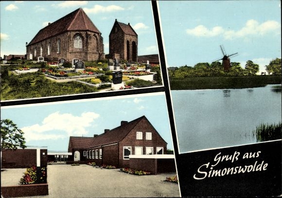 Postcard Simonswolde Ihlow in East Frisia, church, cemetery, windmill, house