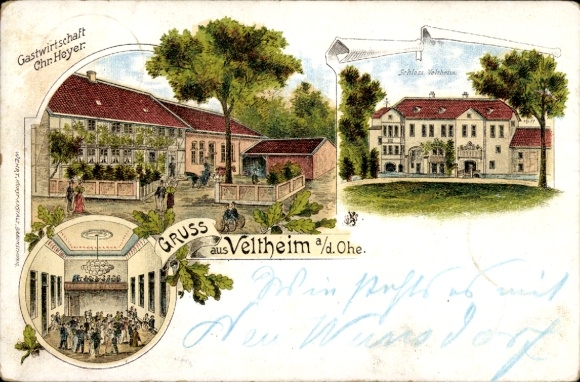 Chromo-Litho Veltheim Ohe, inn, owner C. Heyer, interior view, castle