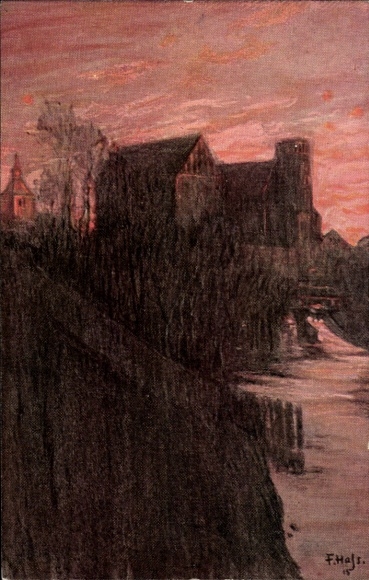 Kunstenaarskaart Hass, Fritz, Olsztyn Allenstein Oost-Pruisen, Oud kasteel aan de Alle, toren