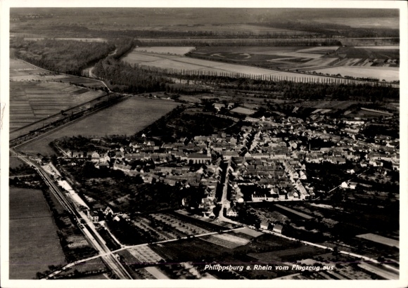 Postcard Philippsburg in Baden, aerial photograph of Philipsburg, Rhine, landscape, aircraft photograph