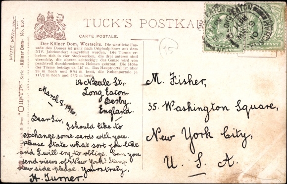 Artist Postcard Flower, Charles, Cologne on the Rhine, west side of the cathedral, Tuck 657