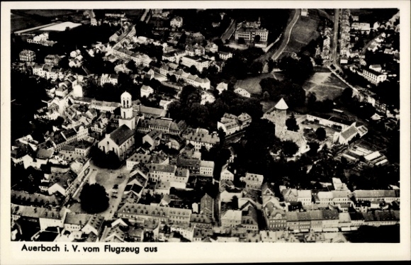 Postcard Auerbach im Vogtland, aerial view of Auerbach, city view, churches, buildings