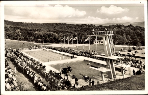Postcard Baden Baden am Schwarzwald, Hardbergbad swimming stadium