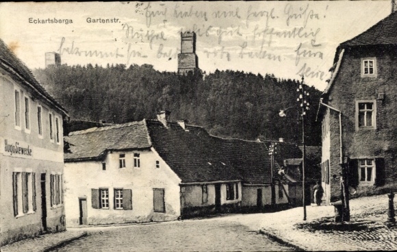 Ak Eckartsberga Burgenlandkreis, Gartenstraße, Geschäftshaus Hugo Siewecke, Turm