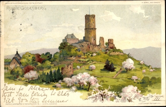 Artist Chromo-Litho Reiss, F., Godesberg Bonn am Rhein, Godesburg, Godesberg ruins
