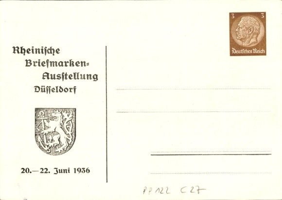 Postwaardestukkunstenaar Ak Peters, Düsseldorf, Rijnlandse postzegeltentoonstelling juni 1936, spoorweg