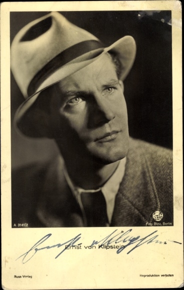 Postcard actor Ernst von Klipstein, portrait with hat, Ross Verlag A 3141 2, autograph