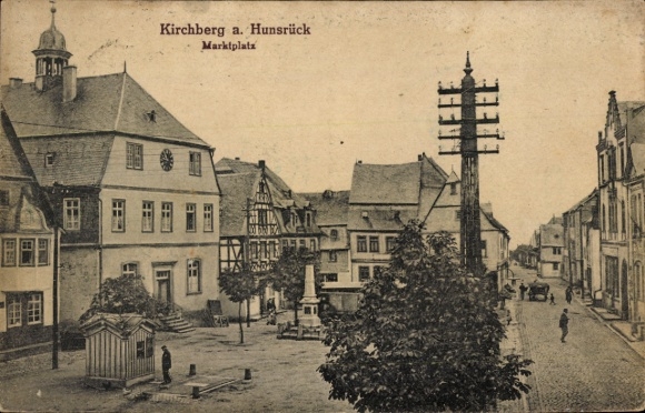 Postcard Kirchberg im Hunsrück, market square, monument