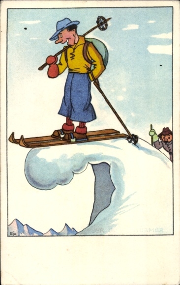 Artist Postcard skier, mountain peak, winter sports