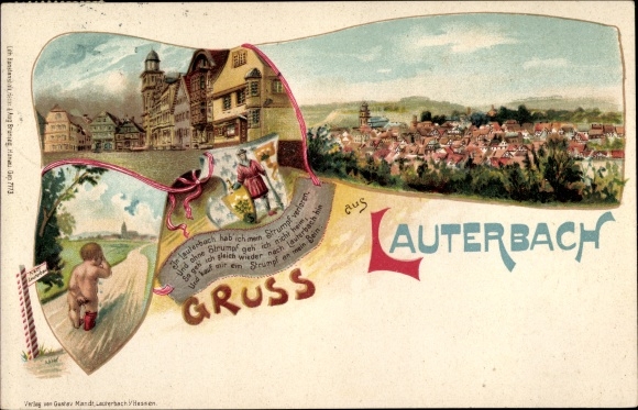 Chromo-Litho Lauterbach at the Lauter Vogelsbergkreis, stocking lost, crying child, panorama