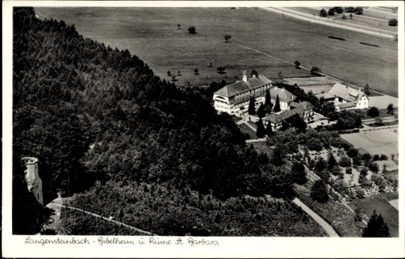 Postcard Langensteinbach Karlsbad in Baden, aerial view of the Bible home, wide fields, forest, buildings