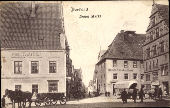 Ak Herford in Westfalen, Neuer Markt, Zum Ratskeller, Neustädter Apotheke, Fuhrwerke