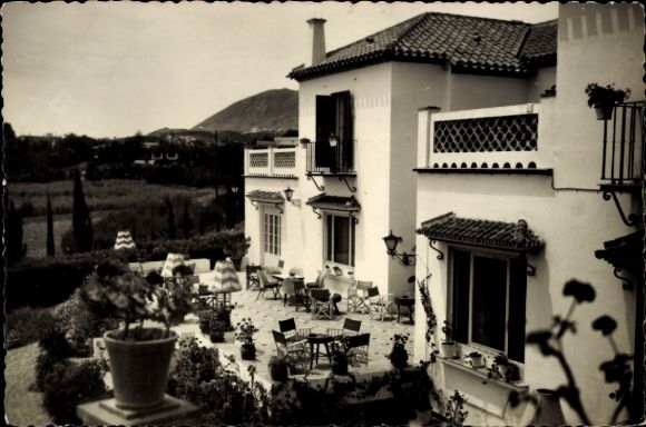 Postcard Málaga Andalusia Spain, Hotel Playa, terrace with chairs, plants, mountain view