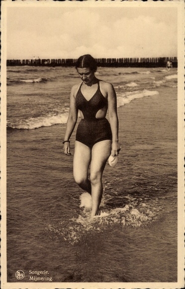 Postcard Knocke-Zoute, beach, woman in swimsuit, swimwear