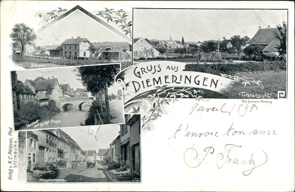 Postcard Diemeringen Alsace Bas Rhin, train station, suburb, river, main street, general view