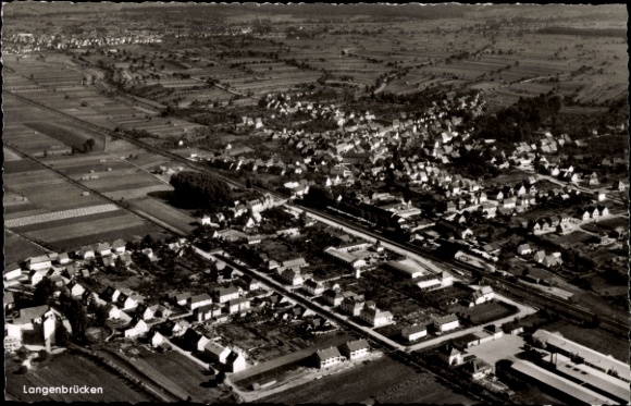 Postcard Langenbrücken Bad Schönborn in Baden, aerial view of residential areas, fields, railway tracks