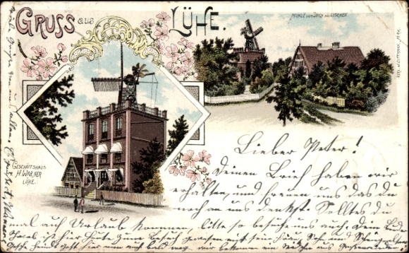Postcard Lühe Jork in the Altes Land, with view of building, windmill, plant pattern