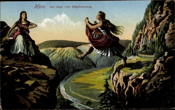 Ak Mägdesprung Harzgerode im Harz, Sage vom Mägdesprung, Felsen, Riesenjungfrau
