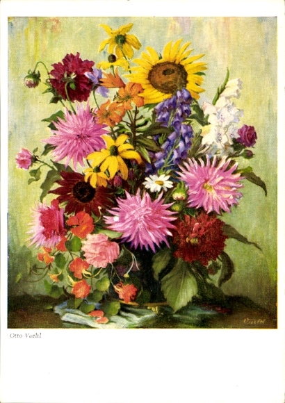 Künstler Ak Vaelti, Otto, Stilleben Sonnenblumen und Dahlien