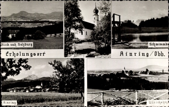 Postcard Ainring in Upper Bavaria, view to Salzburg, swimming pool, general view, Ulrichshögl