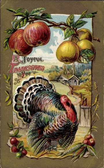 Präge Ak Thanksgiving, Truthahn, Früchte, Äpfel am Baum