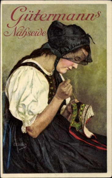 Artist Postcard Liebich, C., Woman in traditional costume sewing, advertisement, Gütermann's sewing silk