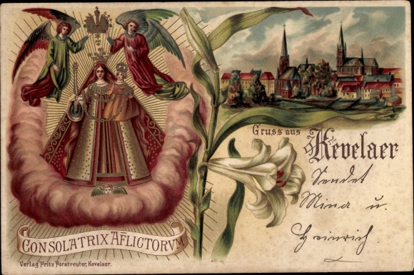 Chromo-Litho Kevelaer on the Lower Rhine, general view, Maria with child, angel, lily