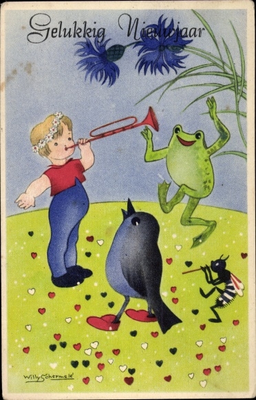 Artist Postcard Schermele, Willy, Happy New Year, Zwergenwesen, Frosch, Vogel, Insekt