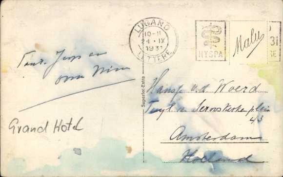 Postcard Lugano Canton Ticino Switzerland, Grand Hotel, historical architecture, park, people, beautiful ...