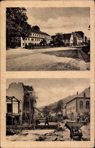 Postcard Berggiesshübel in Saxony, main street before and after storm 1927, flood