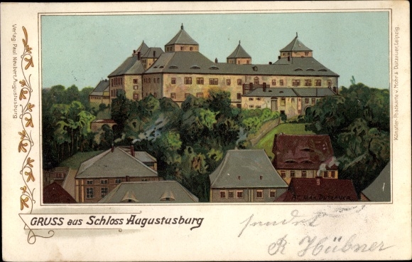 Kunstenaar Litho Dutzauer, Augustusburg Ertsgebergte, huizen, kasteel op de berg