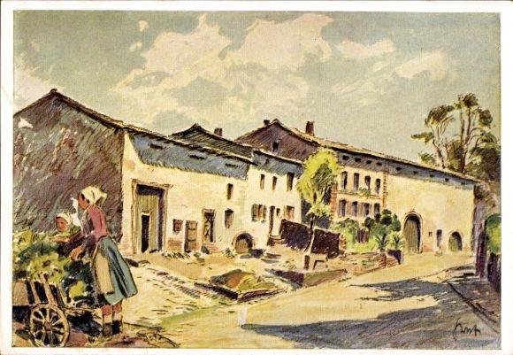 Artist Postcard Ihn Wallerfangen in Saarland, village in the hills, street scene, women