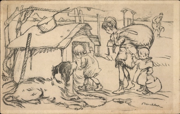 Artist Postcard Poulbot, Francisque, Children move into a doghouse