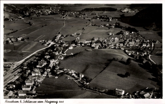 Postcard Hausham in Upper Bavaria, aerial view of Schliersee, green fields, houses