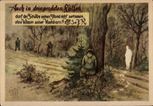 Artist Postcard Geilfus, Even in the most urgent cases, the shooter may leave his stand, hunter, hunting accident