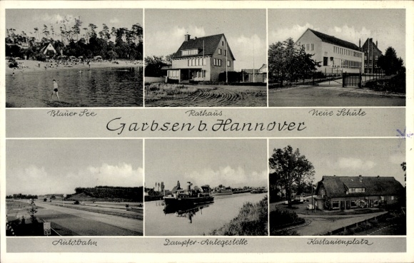 Postcard Garbsen in Lower Saxony, town hall, new school, blue lake, Kastanienplatz, steamer pier
