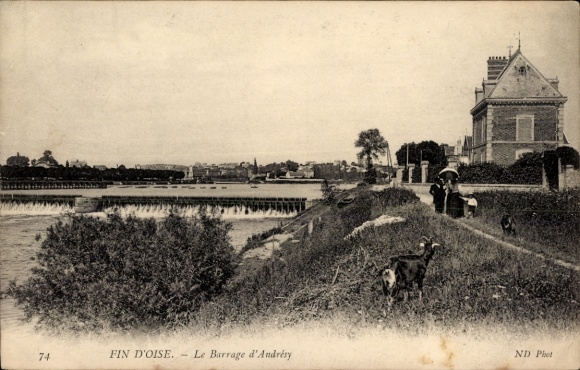 Ak Andrésy Yvelines, Barrage d' Flusslandschaft, Haus, Spaziergänger, Ziegen
