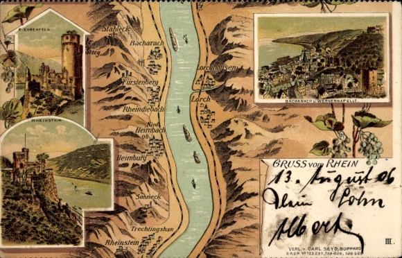 Chromo-Litho Trechtingshausen am Rhein, Rheinstein Castle, Bacharach