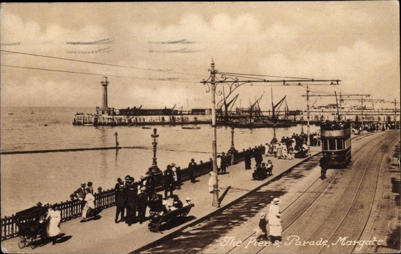Postcard Margate South East England, The Pier and Parade, Tram, Lighthouse