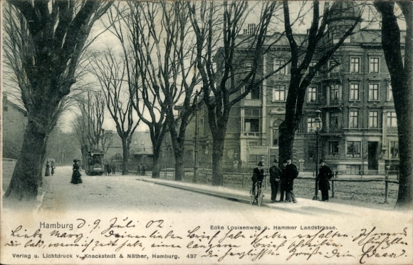 Postcard Hamburg Mitte Hamm, corner of Luisenweg and Hammer Landstraße, tram