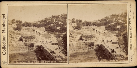 Stereo photo Jerusalem Israel, Siloa pond, village of Siloa, Collection Bruno Hentschel