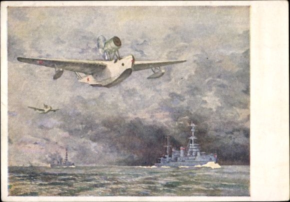 Artist Postcard Russian Military Aircraft, Russian Warship