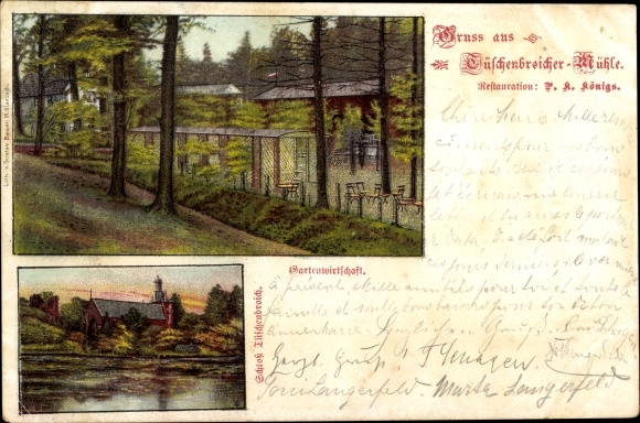 Chromo-Litho Tüschenbroich Wegberg, Tüschenbroicher Mühle garden restaurant, Tüschenbroich Castle
