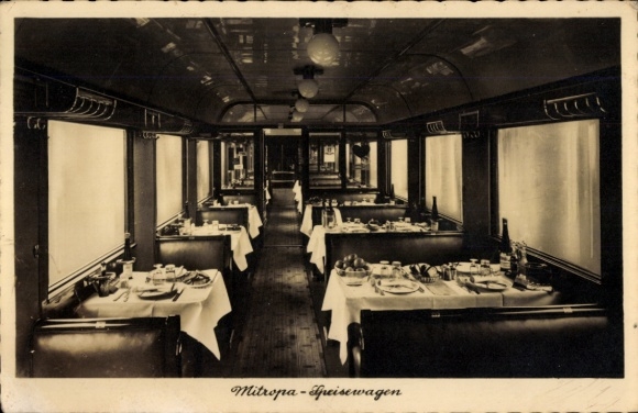 Postcard German railway, steam locomotive, Mitropa, dining car, tables, benches