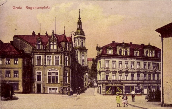Postcard Greiz in the Vogtland Thuringia, Regentenplatz, old buildings, bright colors, atmosphere