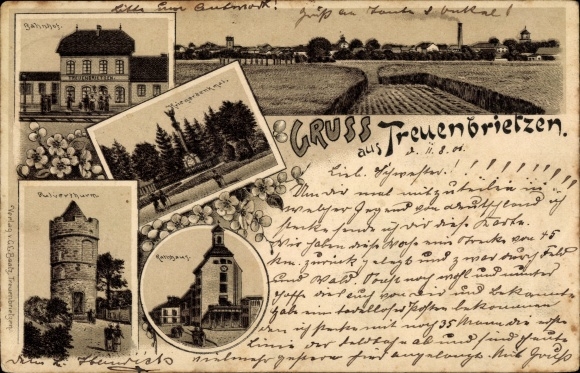 Chromo-Litho Treuenbrietzen in Brandenburg, train station, war memorial, powder tower, town hall