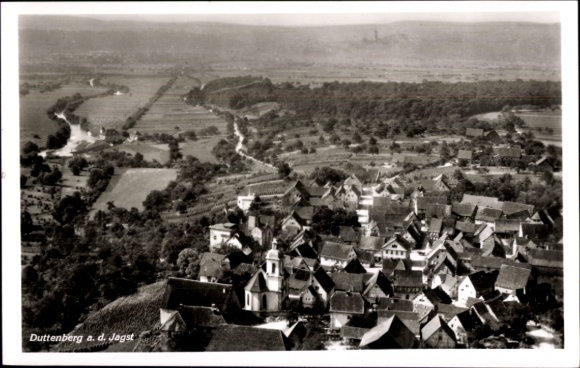 Ak Duttenberg Bad Friedrichshall in Württemberg, Luftaufnahme von Duttenberg, Fluss und Weinberge