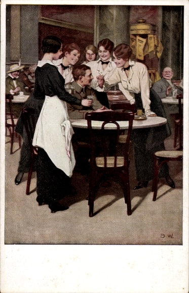 Artist Postcard Wennerberg, Bruno, The Regular, Soldier at the Table, Waitresses